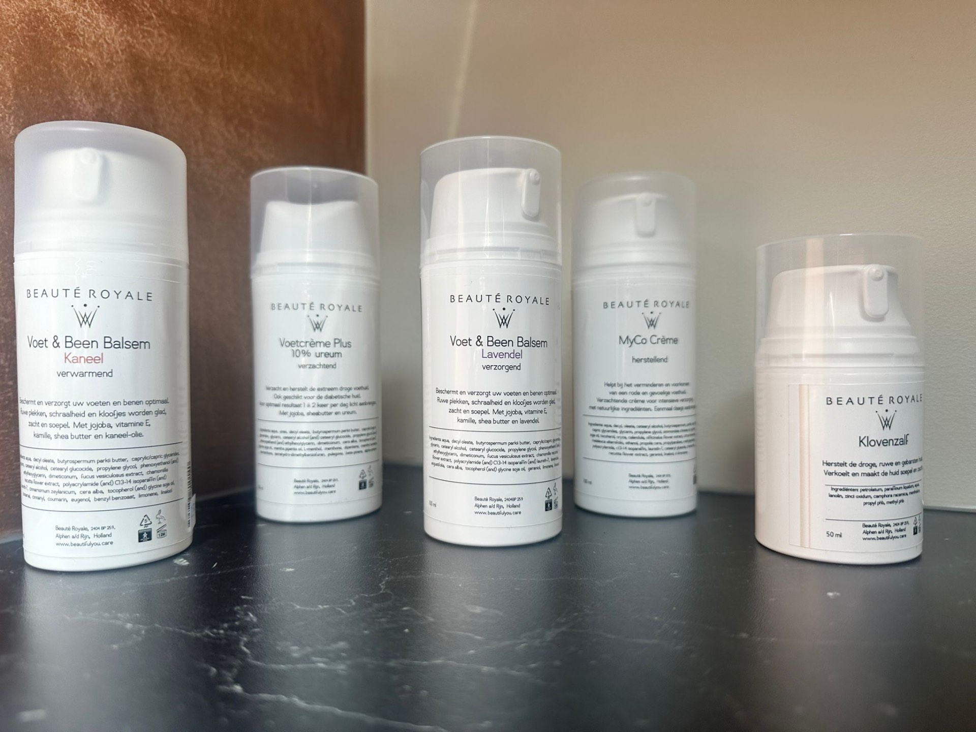 Beauté Royale verzorgingsproducten — voet- en beenbalsem, voetcrème en klovenzalf